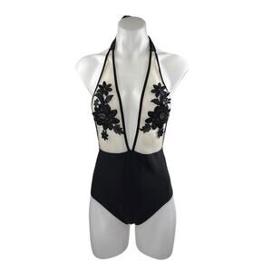 NEW Zaful Black Lace Splicing Halter High Waist One-Piece Swimwear Swimsuit Sz M